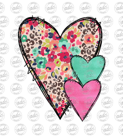Floral Leopard Print Heart Trio Sublimation Design