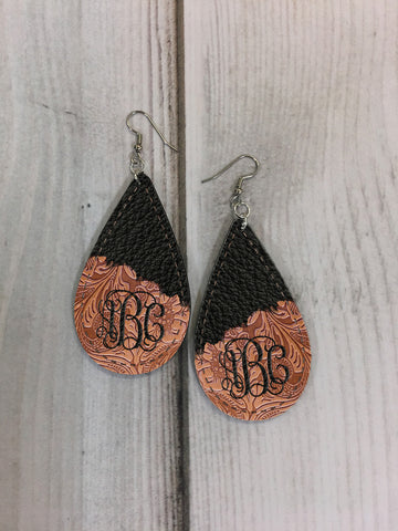 EDITABLE PSD - Floral Embossed Brown and Black Stitched Leather Look Drop Earring Sublimation Design